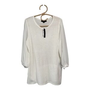 Joan Vass NY Ivory White Mixed Media Lightweight Knit Sheer Sleeves‎ Blouse NEW